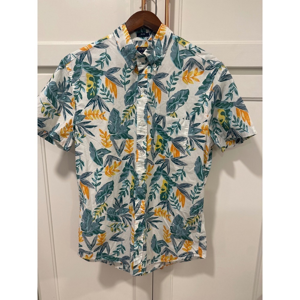 J.Crew Flex Washed Slim Fit Shirt Mens Medium Tropical Leaves Button Down